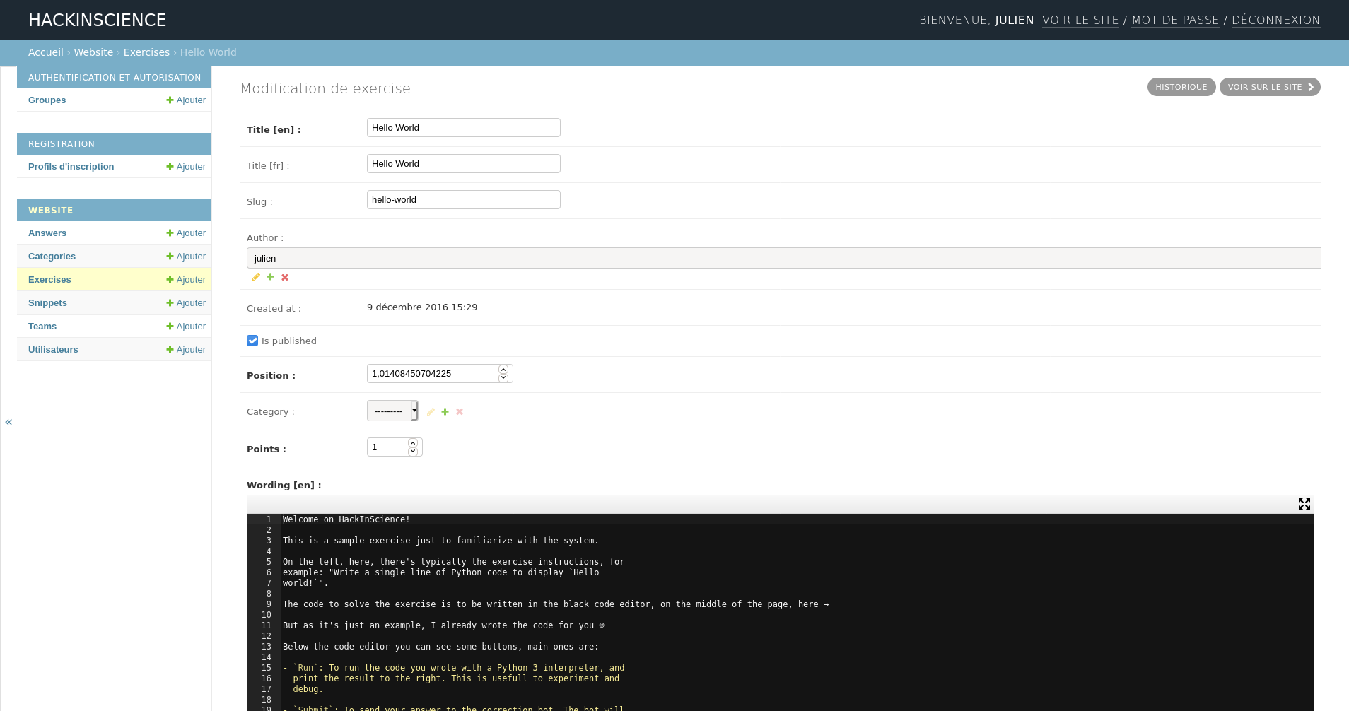 Admin: Création d'un exercice sur Hackinscience